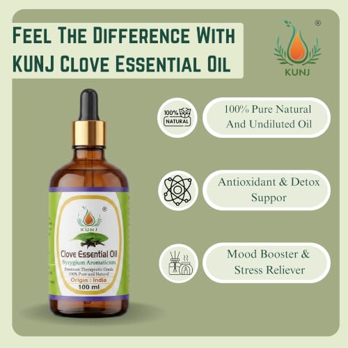Image of KUNJ Clove Essential Oil 100ml - 100% Pure & Natural Undiluted | Clove Oil for Skin Care, Hair Growth & Scalp | For Diffuser, Aromatherapy, DIY Candle & Soap Making | Therapeutic Grade