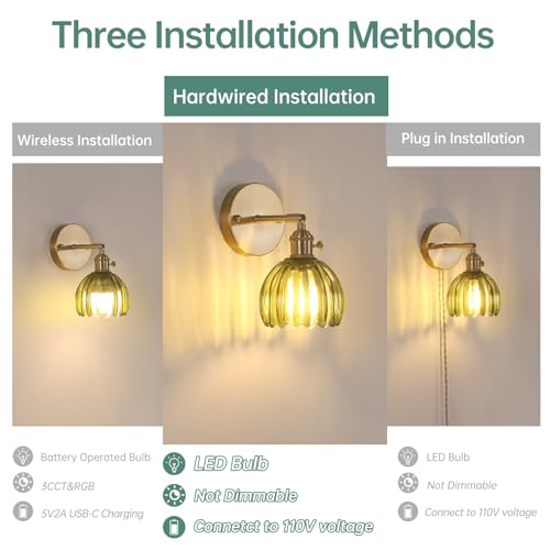 Vintage Wall Sconces with Cute Green Tulip Glass Lampshade 180 Degree Adjustable Brass Sconces Hradwired Modern Wall Lighting Fixture with Switch for Bedside Bedroom Doorway - Image 3