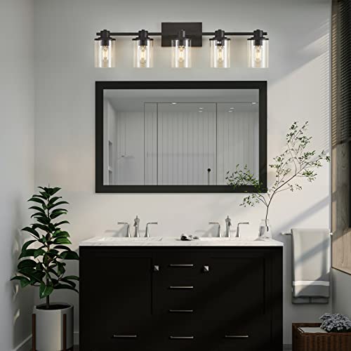 Image of 5-Light Modern Bathroom Vanity Lights,Industrial Matte Black Bathroom Light Fixtures with Clear Glass, Vanity Lights Fixture for Bathroom, Living Room, Mirror,Hallway