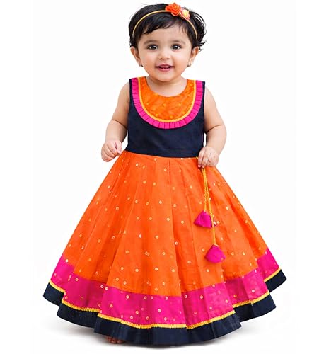 Image of Girls Designer Lehenga Choli Set Orange Rani Pink Readymade Pattu Pavadai Style Traditional Ethnic Dress for Baby Girls Kids Festive Wedding 3Months-8 Years