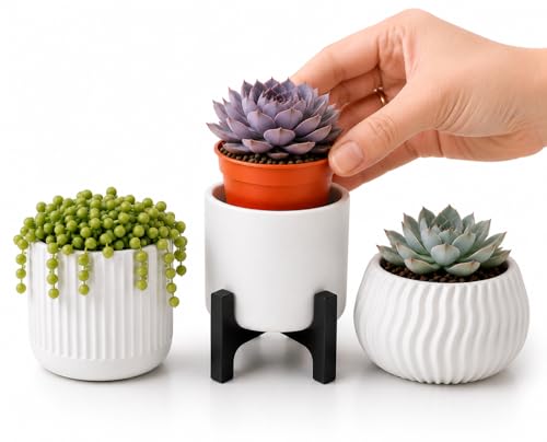 Mini Blumentopf Set Weiß für Sukkulenten 6 cm - Einfach einsetzen statt umtopfen - Moderne Übertöpfe für 5-6 cm Pflanzentöpfe Minimalistische Deko für Schreibtisch Büro & Zuhause - 3er Set