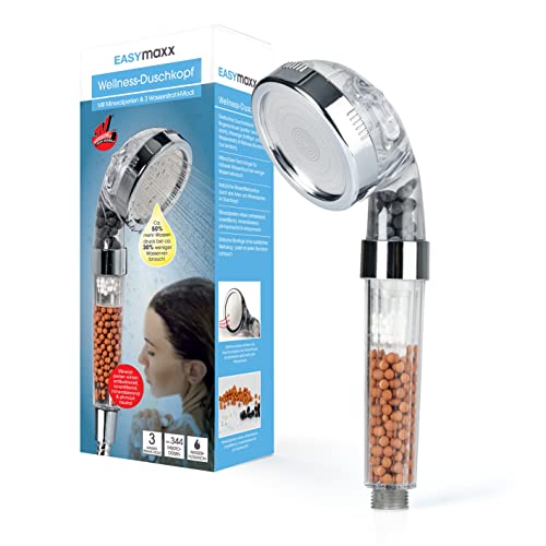 EASYmaxx Wellness-Duschkopf mit Mineralperlen & 3 Wasserstrahl-Modi | Spart 30% Wasser bei ca. 50% mehr Wasserdruck | 344 Mikrodüsen, natürliche Wasserfilterfunktion, für alle 1/2 Zoll Anschlüsse