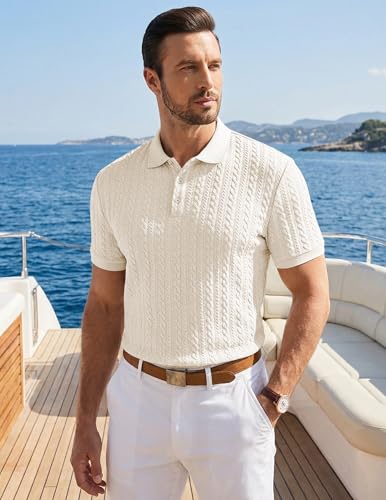 Image of JMIERR Men's Casual Polo Shirt Knitted Textured Short Sleeve Stretch Golf Shirt Summer Vacation Beach Collared Shirts