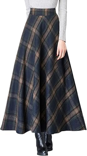 Women's Vintage High Waist Wool Blend Plaid A-Line Long Maxi Skirt with Pocket