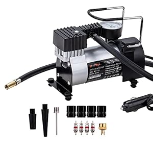 KATSU Car Tyre Inflator 12V DC 14A 140PSI High Volume Air Compressor Tyre Pump for Cars, Vans, 4×4’s + 3 Extra Nozzle Adapters