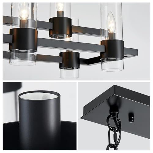 Image of WUZUPS Island Rectangle Chandelier 8-Light with Clear Glass Industrial Modern Farmhouse Linear Light Fixture for Dining Room Kithen Island, Width 33.5 inch Height 12.6 inch, Black