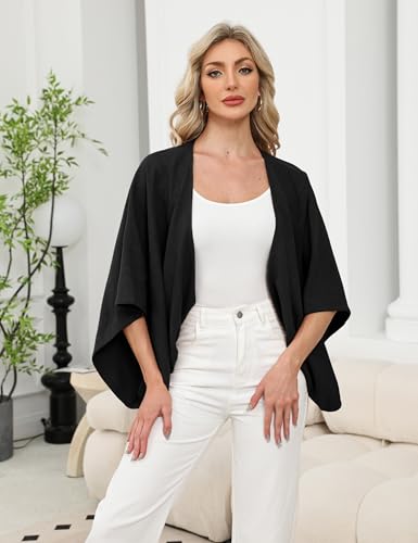 Bankeng Women's Linen Cardigan 3/4 Sleeve Open Front Loose Cover Ups Lightweight Shrug(Black,L)2