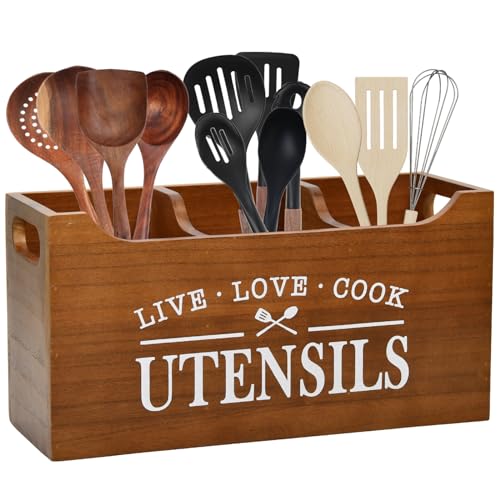 Karisky Porte-ustensiles de cuisine, grand organisateur d'ustensiles en bois à 3 compartiments pour comptoir de cuisine, rangement d'outils de cuisine de...