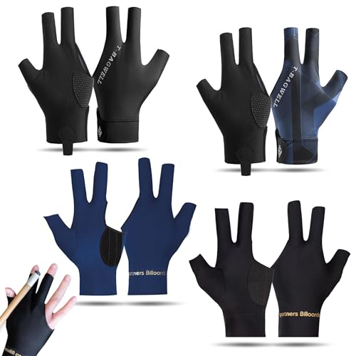 PYSEOSISE Guantes de Billar, 4 Piezas de Guante de Billar Izquierdo, 3 Dedos Guantes de Snooker Guantes de Taco para Pool Snooker Carambola Entrenamiento y Juego Recreativo