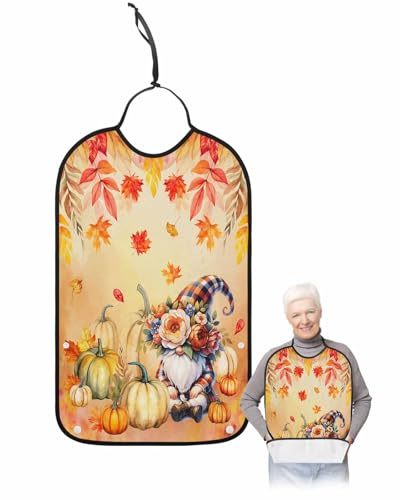 LEOKOTI Orange Red Gnomes Thanksgiving Adult Bibs for Eating, Waterproof Bibs with Food Catcher & Adjustable Snap Closure, Pumpkins Leaf Fall Washable Clothing Protectors Adult Bibs for Elderly