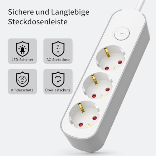 Realmade Steckdosenleiste 3-Fach, Mehrfachsteckdose mit Schalter 3M – Ansicht 3