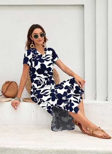 Image of MISFAY Womens Maxi Dress Short Sleeve V Neck Loose with Pockets | Soft stretchy breathable, v neck loose fit, side split hem, two side pockets, casual daily beach vacation travel dress