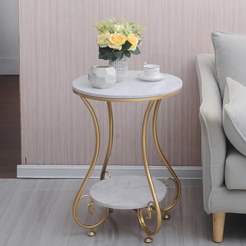 Image of Modern Double-Top Coffee Table with Rustic Farmhouse Accent, Multipurpose Living Room Bedroom, Two-Tier Small Sofa Side Bedside Table with Metal Frame Nightstand (Gold White)