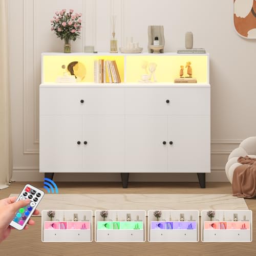 47.2" TV Stand Cabinet with Power Outlets & LED Light Wood Coffee Bar Table Freestanding Kitchen Pantry Cabinet with Drawers & Adjustable Shelves Floor Cupboard Hutch for Living Room Dining Room White - image 4
