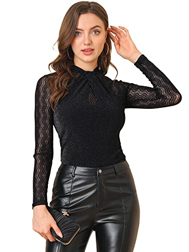 Allegra K Top De Manga Larga De Malla Transparente De Punto con Purpurina con Escote Torcido para Mujer Negro L Cover