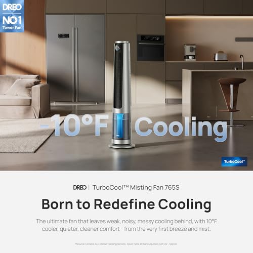 Image of DREO TurboCool Misting Fan 765S, Fans that Blow Cold Air, 10F Cooling, 34ft /s Fast Evaporative Air Cooler, 6L Tank, 20 dB Quiet DC Motor, 90 Tower Fan with 12 Speeds, 4 Modes for Home, Silver