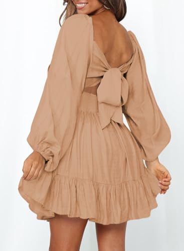 Image of Dokotoo Womens Dress Long Lantern Sleeve Square Neck Tie Backless Sexy Dress Ruffle Elastic Waist A-Line Mini Dress