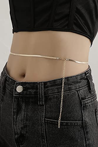 Gold Waist Chain, Waterproof, Non-Tarnishing 18K Filled Belly Chain For Women, Sexy Gold Waist Chains For Beach, Gold Body Chain Bikini Jewelry, Gold Filled Stainless Steel Body Jewelry For Women, Herringbone Flat Snake Chain #TOP2
