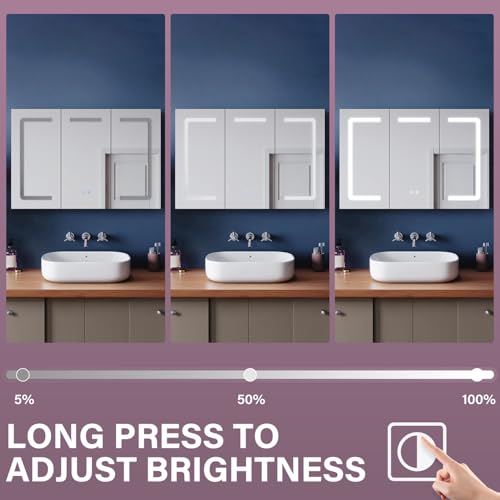 ZANOFIRA Bathroom Mirror Cabinet, 3 Door Large Wall Mounted Cabinet Storage Unit with Touch Switch LED Lights, 3 Colours Dimmable, Defogger and Shaver Socket, 900x600mm Fully Assembled Unit, Grey - Image 6