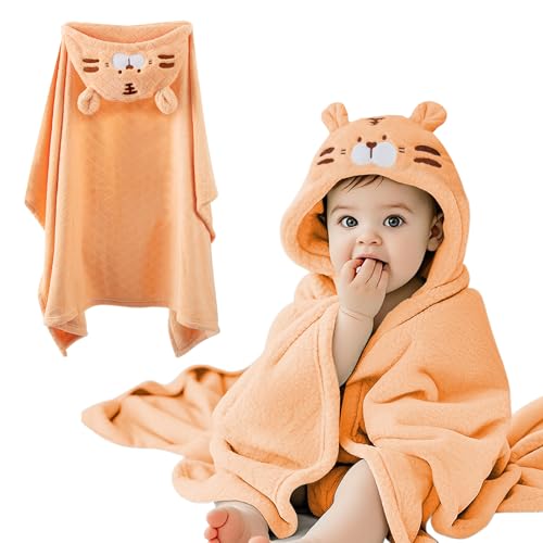 Image of Baby Hooded Towel - Ultra Soft Coral Fleece | Instant Dry & Super Absorbent | for Newborn to Toddler 0-5 Years | 31.5 inch x49.2 Inches - Tiger Orange