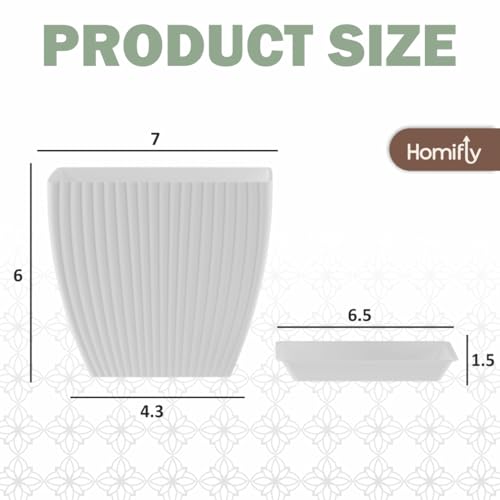 Image of HOMIFLY 5 Pack Plastic Square Flower Pots with Drainage & Bottom Tray /Lightweight, UV & Weather Resistant /6.5 Inch Planters for Indoor /Outdoor /Home /Balcony /Terrace /Garden Plant Pots (White)