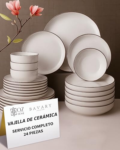 BAVARY Vajilla de Cerámica 24 Piezas Beige para 6 Personas – Juego de Vajilla con Platos Llanos, Hondos, de Postre y Cuencos – Diseño Rústico y Moderno – Apta para Lavavajillas y Microondas
