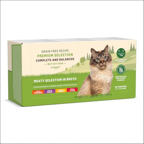 by Amazon Katzenfutter, nass, getreidefreies, für ausgewachsene Katzen Fleischauswahl in Brühe, 4.76 kg, 56 Packungen mit 85g (Vorher Lifelong)