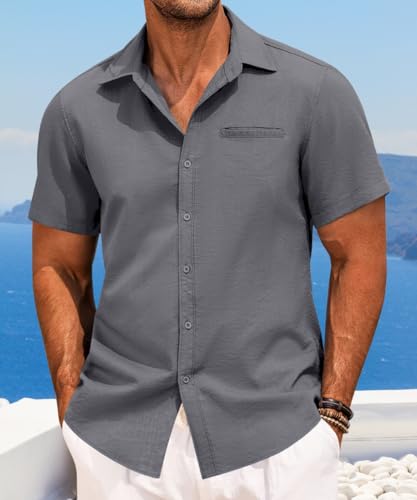 PORCLAY Short Sleeve Shirts for Men Summer Casual Button Down V Neck Tops Collared Solid Beach Blouses4