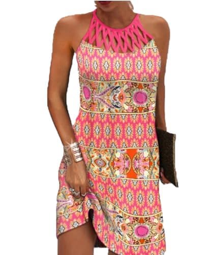 GRMLRPT Robe Femme d'Été sans Manches Boho Mi-Longues Style Ethnique Élégant Imprimé Mesh Rétro Neckholder Loisirs Robes de Plage(Rose,L)