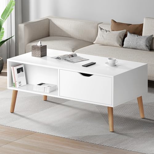 ALFORDSON Modern 4 Wooden Legs Rectangle Coffee Table-2 Ample Drawers＆Open Shelves Storage, Minimalist Spacious Tabletop Compact End Side Table, Living Room Office Centerpiece, 95x 50x 45.5cm, White