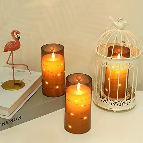 Addbeaut Flickering Flameless Candles, 360 Degree Viewing Angle, With Starry String Lights, Battery Operated Plexiglass Led Pillar Candles With Remote Control And Timer, Set Of 3,Grey #TOP4