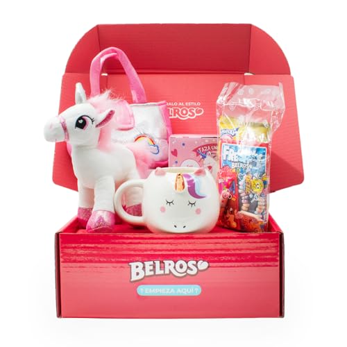 BELROS Pack Regalo Unicornio. Conjunto Bolso Juguete, Peluche y Taza. Idea Regalo Niña Cumpleaños, Celebraciones, Comuniones. Incluye Mix Caramelos. Perfecto para Fiestas