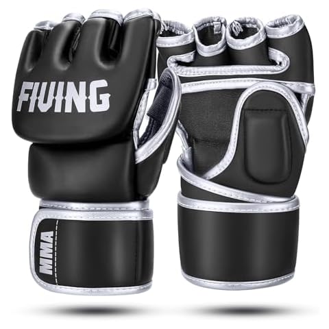 FIVING MMA Gloves for Men & Women,Boxing Gloves with Open Palms for Punching Bag,Sparring,Training,Muay Thai,MMA,Martial Arts Bag Gloves,Kickboxing Half Mitts Gloves (Black/Silver, Large) Cover