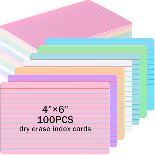 Harloon 100 Pcs Dry Erase Index Cards 4 x 6 Inch, Ruled Candy Color