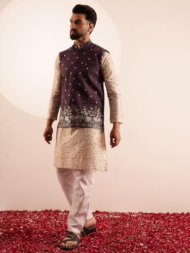 Image of SOJANYA Men's Silk Blend Cream Kurta & White Pyjama With Daman Embroidered Nehru Jacket