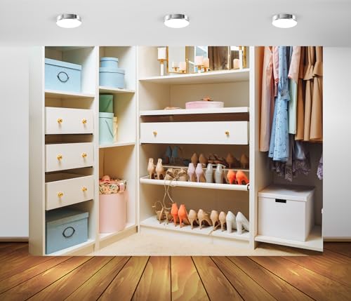 BELECO 7x5ft Fabric Women's Wardrobe Backdrop Stylish Closet with Clothing, Shoes, Accessories and Boxes Storage Background Wallpaper Video YouTube Photoshoot Studio Booth Props