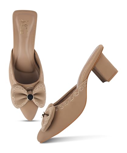 Image of JM LOOKS Elegant Pointed Toe Block Heel Mules Featuring Sophisticated Bow Detail and Ornate Textured Embroidery