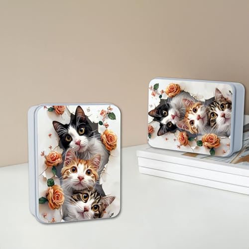 Image of Metal Tin Box with Lid, Cute Cats and Roses | For Game Cards, Home Organizer, Equipped with 4 Magnetic Cord Clips, Candles Keys Crafts Storage