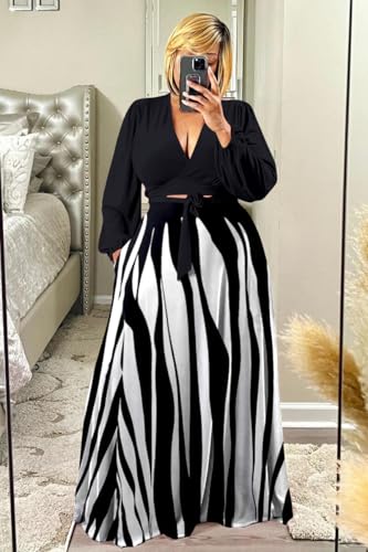 Image of Plus Size Women's 2 Piece Outfits Casual Long Sleeve Wrap Crop Top Maxi Long Dress Flowy Matching Sets