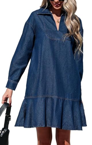 Womens Denim Mini Dress Ruffle Hem Collared V Neck Tiered Mini Babydoll Dress Casual Flowy Jean Dresses