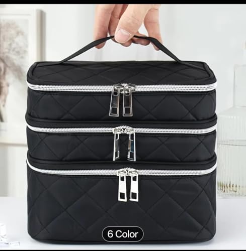 Image of Handcuffs Cosmetic Bag for Women 3-Layer Zipper Makeup Organizer with Carry Handle for Travel & Home | Multipurpose Vanity Box for Toiletries Make Up Accessories Brushes & Cosmetics (Black)