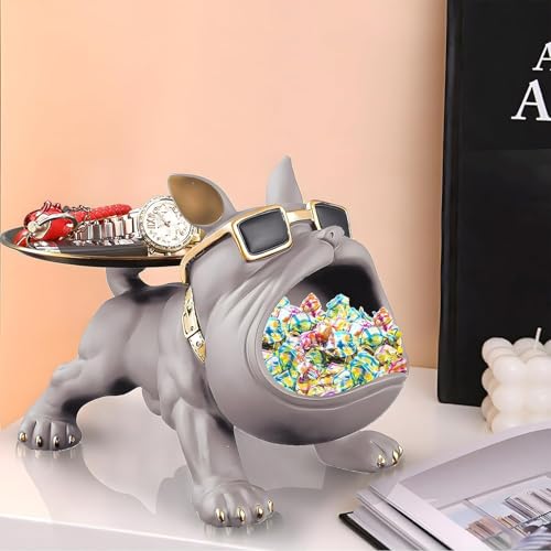 Image of Cool Bulldog Key Bowl & Accessory Tray - Matte Black & Gold Resin Dog Sculpture Multifunctional Organizer Showpiece for Keys Watches & Candy (Grey Gold, Dog with Tail Plate)