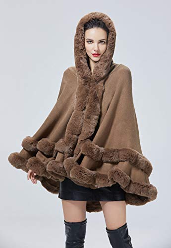 BEAUTELICATE-Kunstpelz-Umhang-Poncho-Damen-Stola-Braut-Cape-Mit-Kapuze-Fuer-Winter-Hochzeit-Abend-Party-Schwarz-Khaki-Beige-Rosa-S113