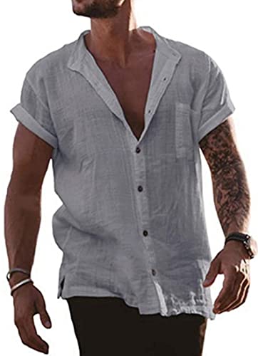 NIUHE Camisas Hombre Manga Corta Básica Ocio Slim Fit Casual en Colores Puros Camisa Abotonada Hombre Playa(Gris,3XL) Cover