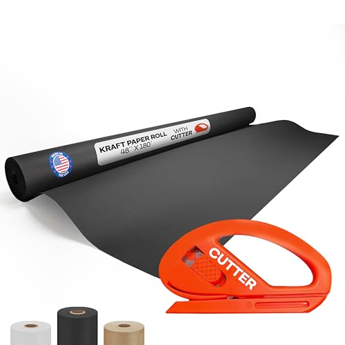 Image of Black Kraft Paper Roll 48 inch x 2160 inch (180 feet) with Cutter - USA-Made | Quality Paper 50lb Thickness for Wrapping, Packing, Moving, Shipping, & Crafts /Arts - Natural Kraft Material by IDL Packaging
