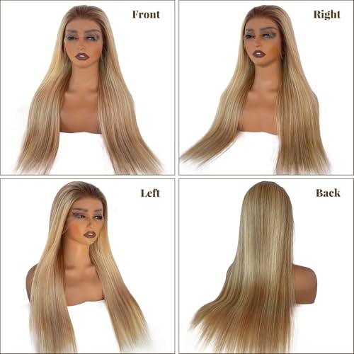 Image of Belaved Highlight Lace Front Wig Human Hair No Shedding Salon-QualityHD Frontal Real Human Hair Pre Plucked Glueless 180% Density Balayage 13x6 Straight Wigs for Women 20 Inch