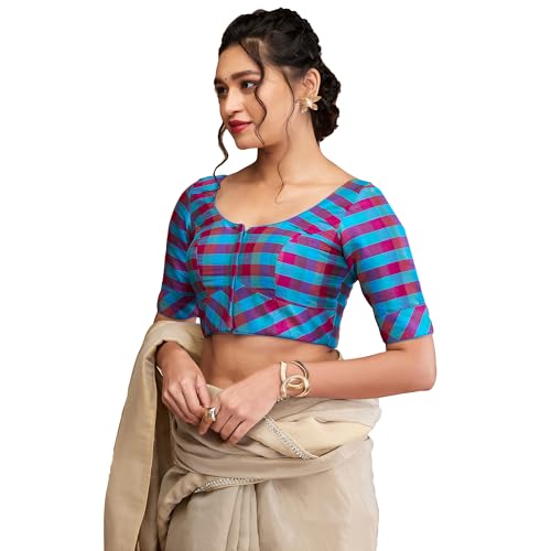 Image of SALWAR STUDIO Silk Woven Round Neck Checkered Elbow Length Blouse