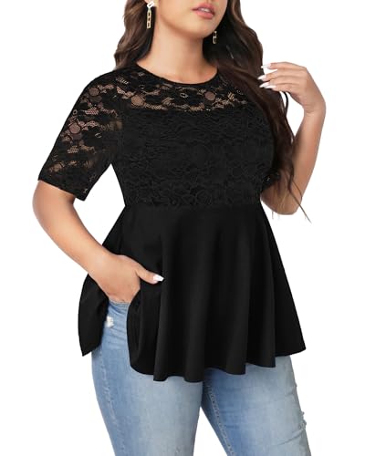 Pinup Fashion Women's Plus Size Summer Peplum Short Sleeve Lace Empire Waist Pleated Tunic Tops 1X-5X2