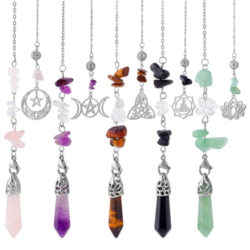 GOMAKERER 5 Pcs Natural Gemstones Pendulum, 5 Styles Crystal Dowsing Pendulum Reki Gemstone Chips Pendulum for Women Man Divination Wicca Meditation