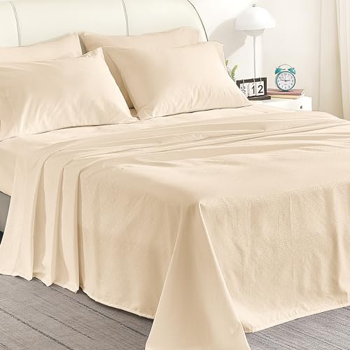 SLEEP ZONE Soft Sheets for Queen Size Bed, 4 Pieces Hotel Luxury Sheet Set, Easy Care Polyester Microfiber Cooling Sheet & Pillowcase Sets (Beige-Four Leaf Clove, Queen)